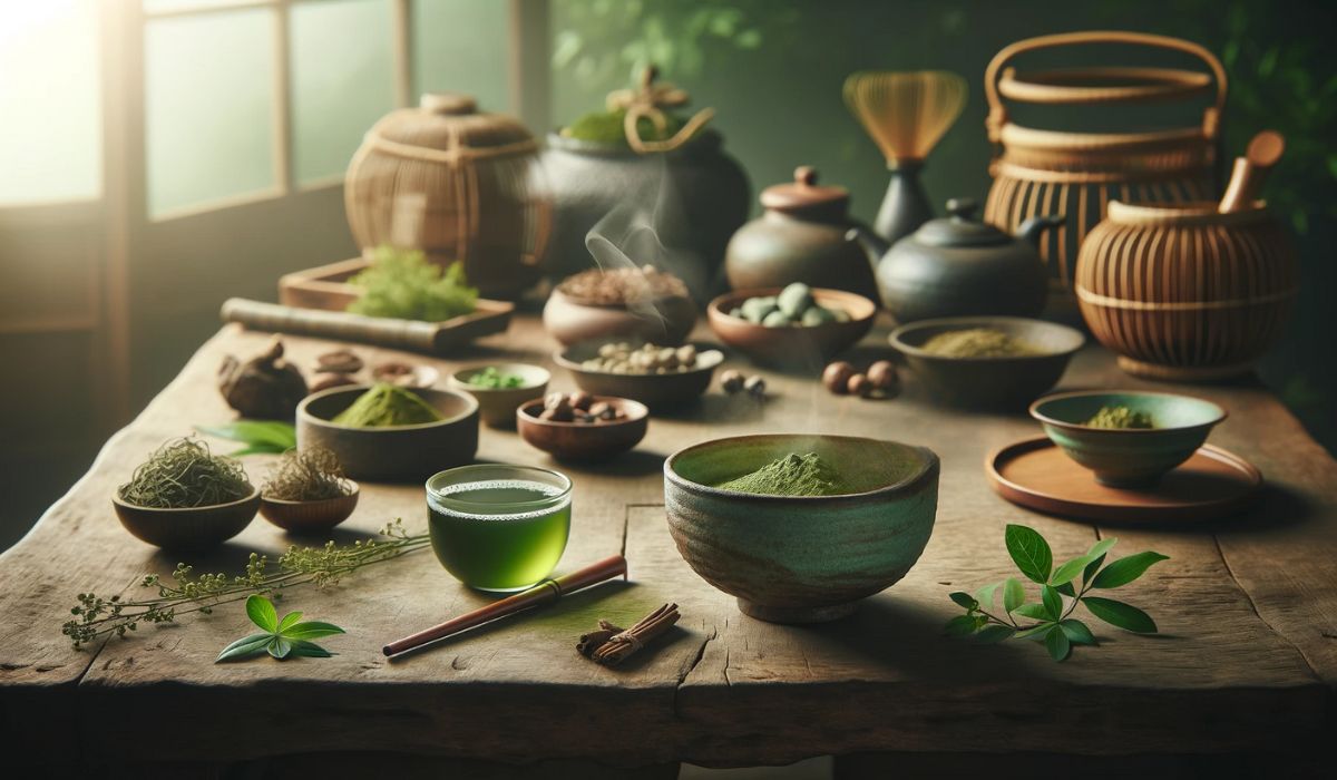 Un entorno de medicina herbaria tradicional del este de Asia con té matcha y varias hierbas, que simbolizan la salud integral.
