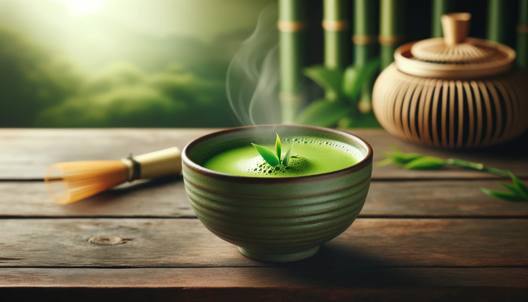 Tazón de té matcha de color verde brillante con vapor ascendente, frente a un sereno telón de fondo de inspiración japonesa.