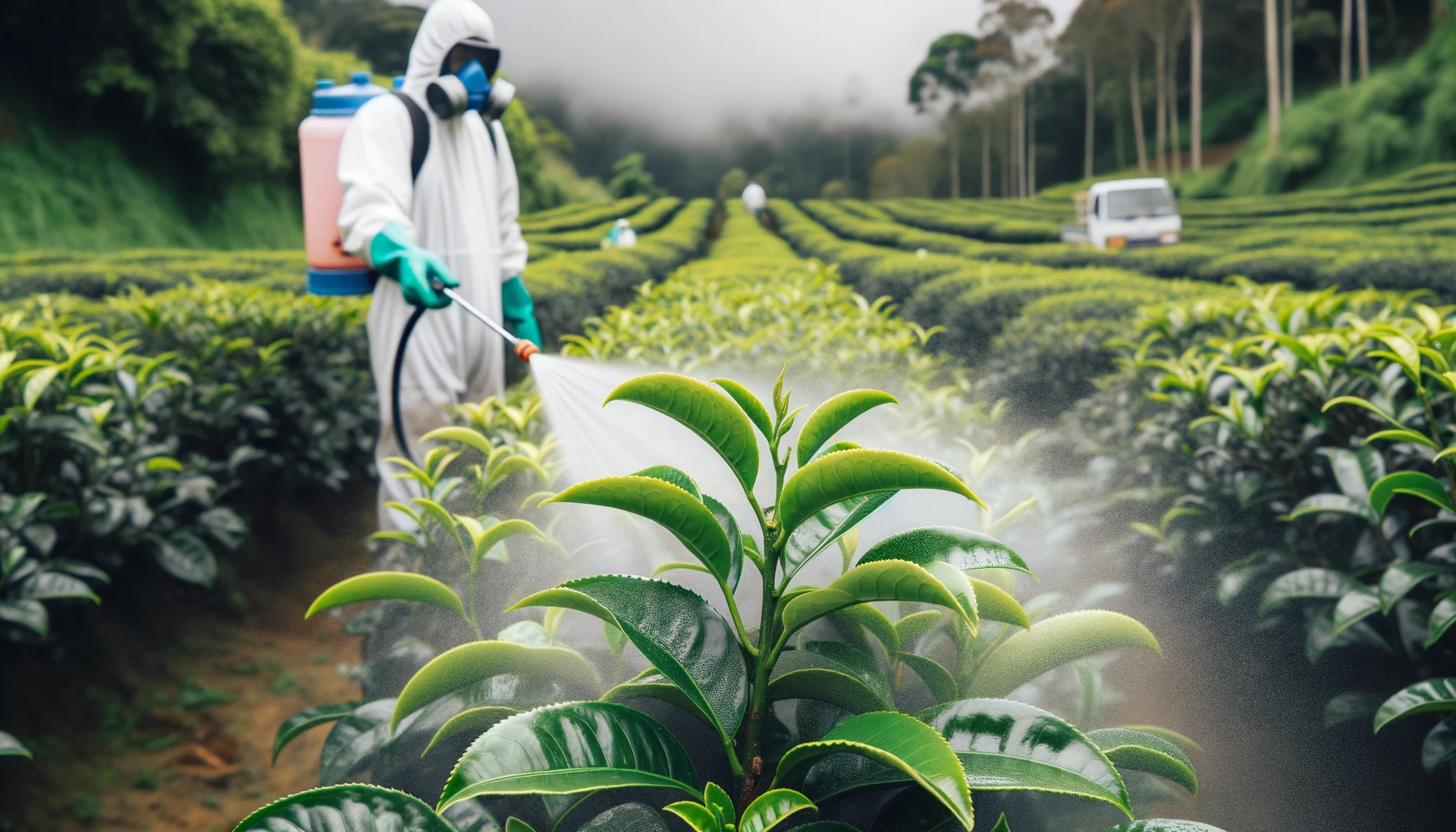 Trabajador con equipo de protección rociando productos químicos sobre plantas de camelia sinensis, lo que significa agricultura no orgánica.