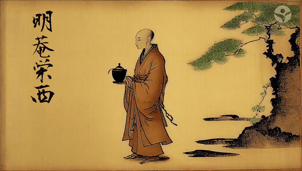 Le moine bouddhiste japonais Eisai tenant une théière
