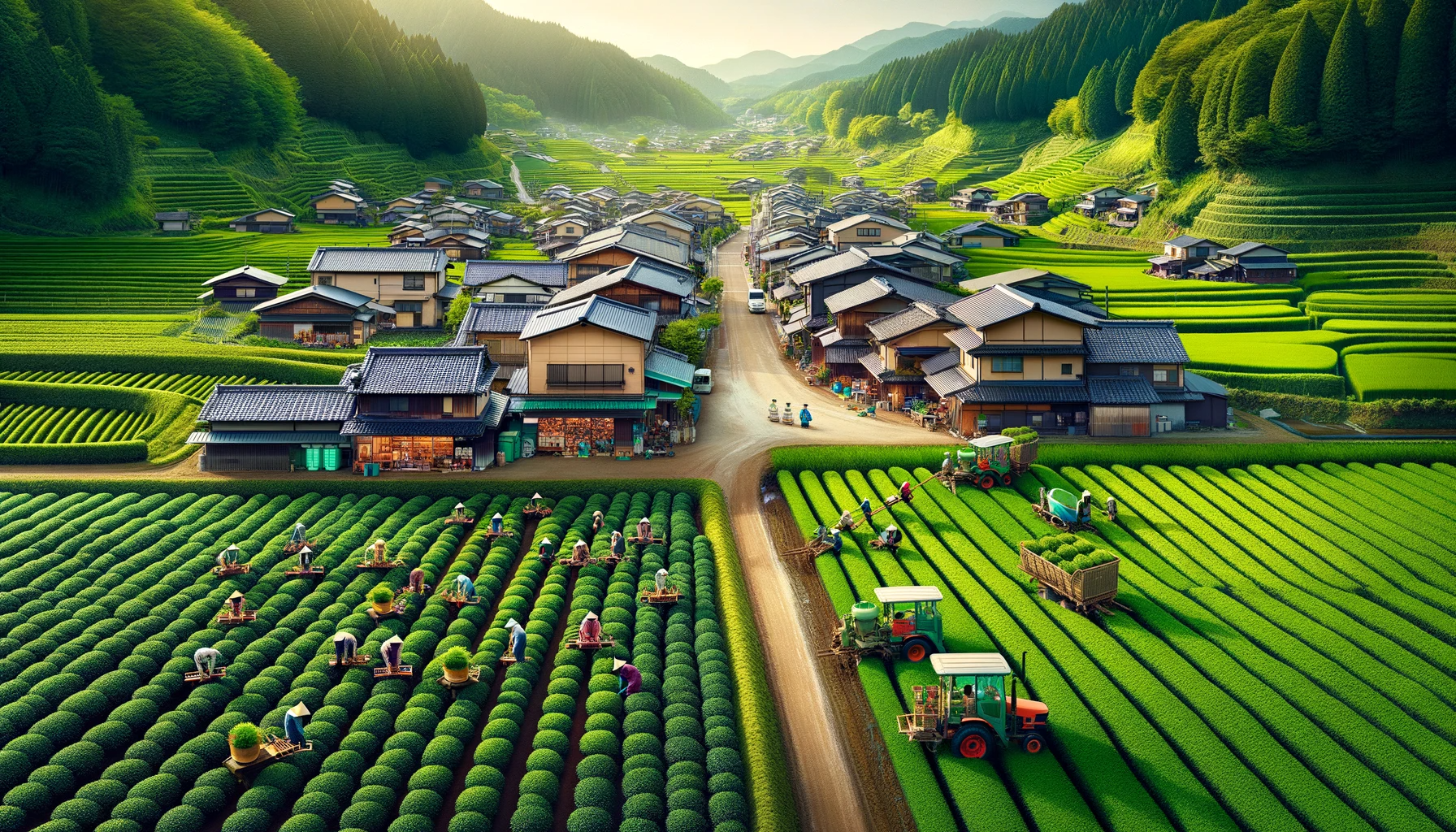 Japanese village with tea fields. Left shows farmers using traditional methods for organic cultivation; right has machinery for conventional methods