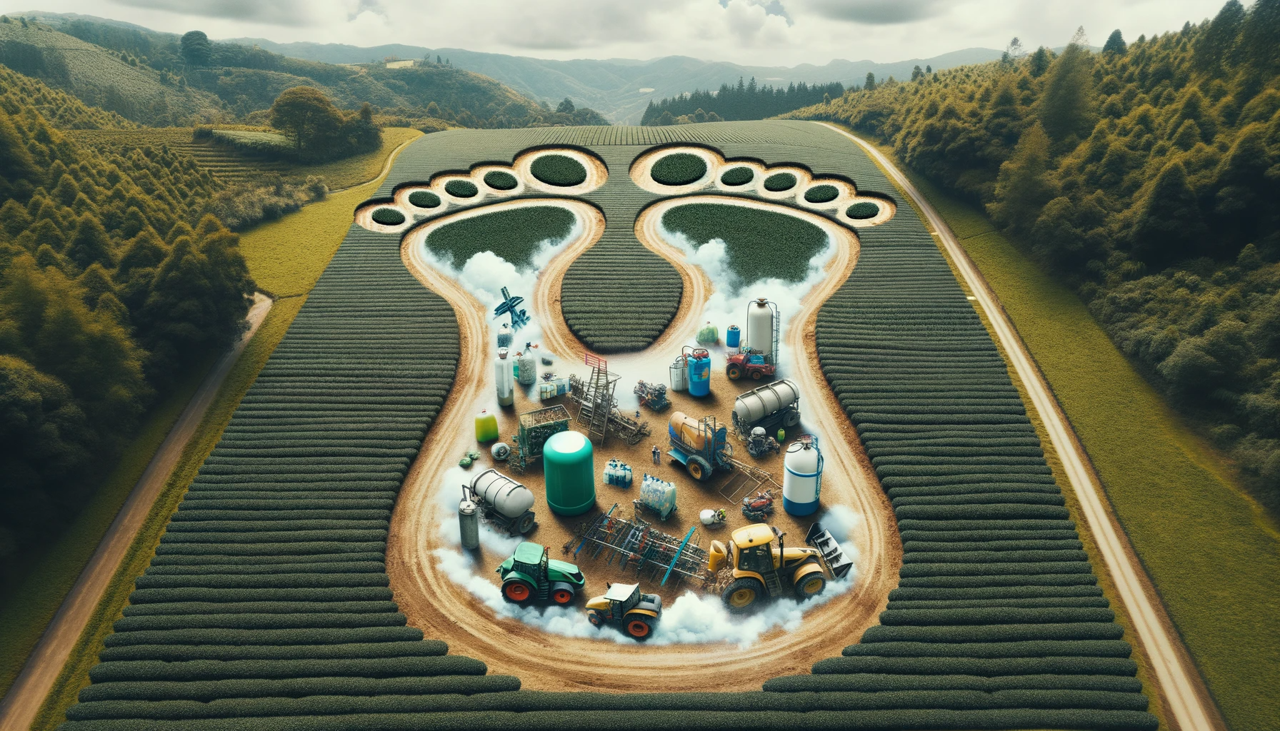 Oversized footprint filled with chemicals and machinery, surrounded by a withered landscape, representing the environmental impact of non-organic matcha.