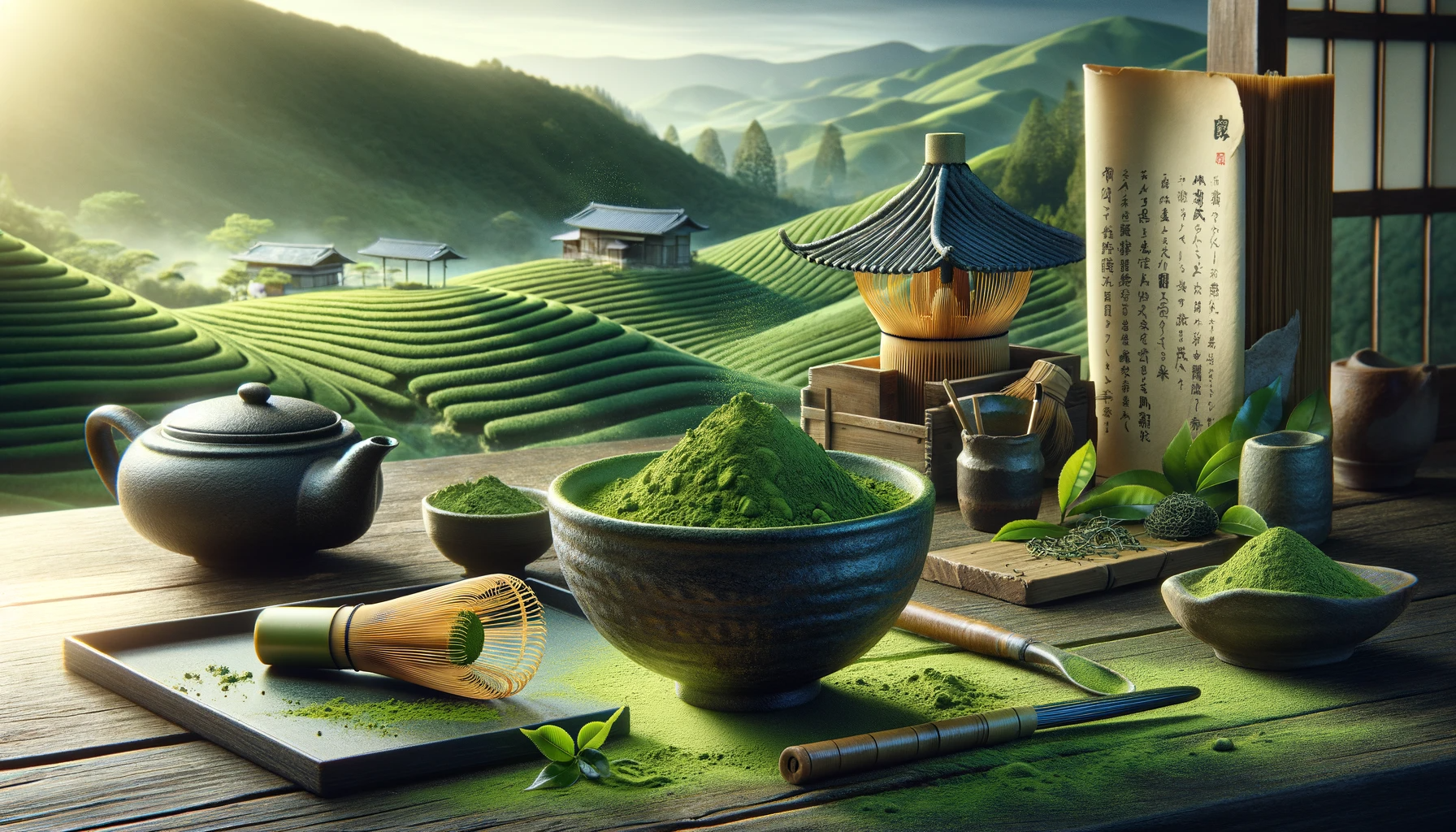 Japanese tea ceremony with matcha powder and cultural elements