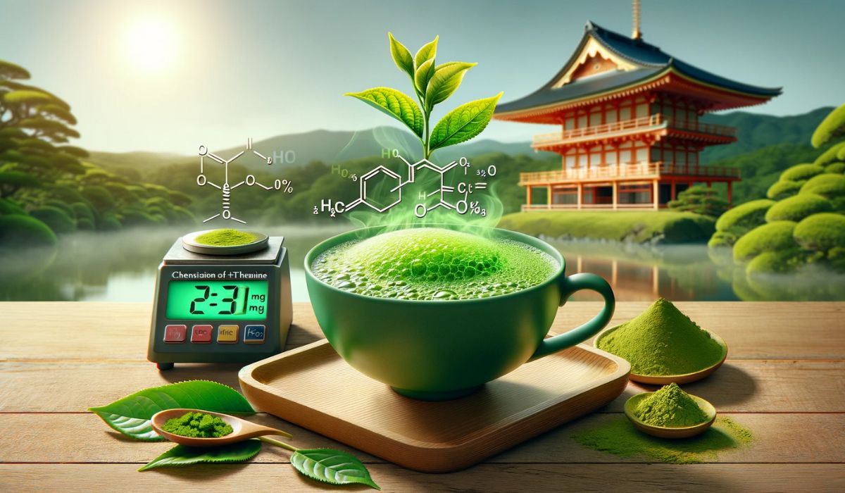 Tasse de thé Matcha et feuilles d'Uji avec structure chimique L-théanine, mettant en valeur la teneur en acides aminés.