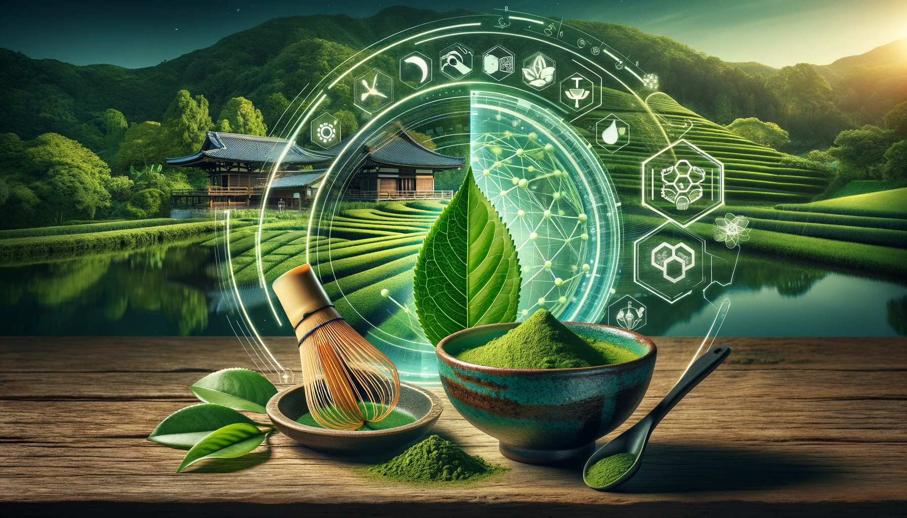 Illustration showing the blend of traditional matcha production and modern organic farming.