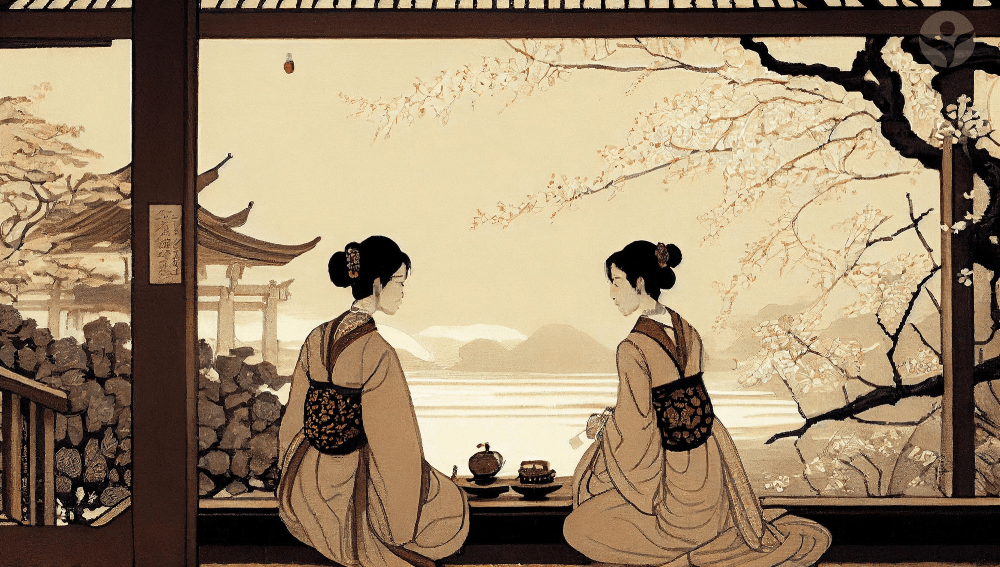 Two historical Japanese women in kimono in a tea house