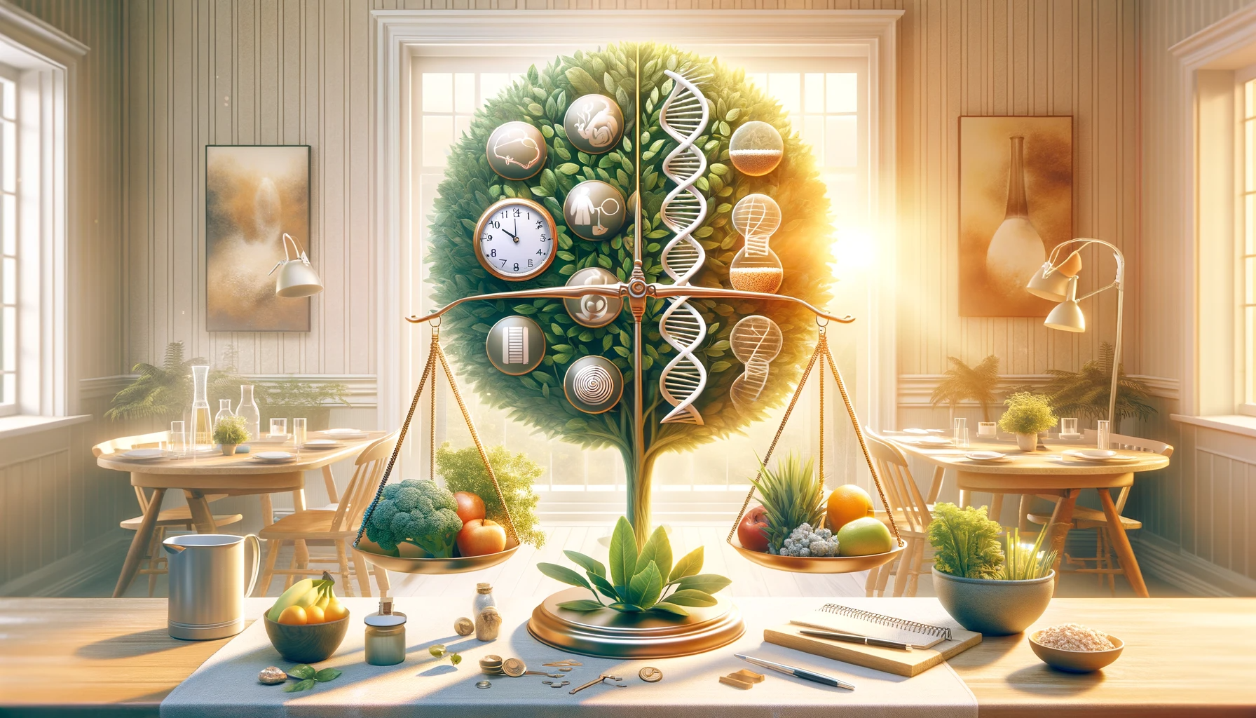 Représentation symbolique des facteurs de fertilité avec une plante saine, une horloge, une structure d'ADN et une alimentation équilibrée