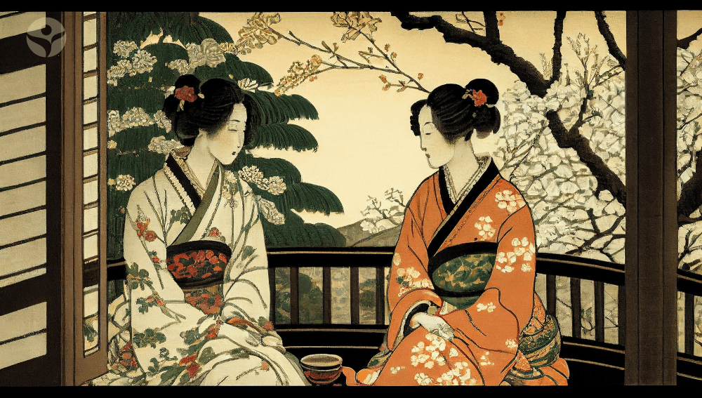 Two historical Japanese women in kimono practicing the Japanese tea ceremony