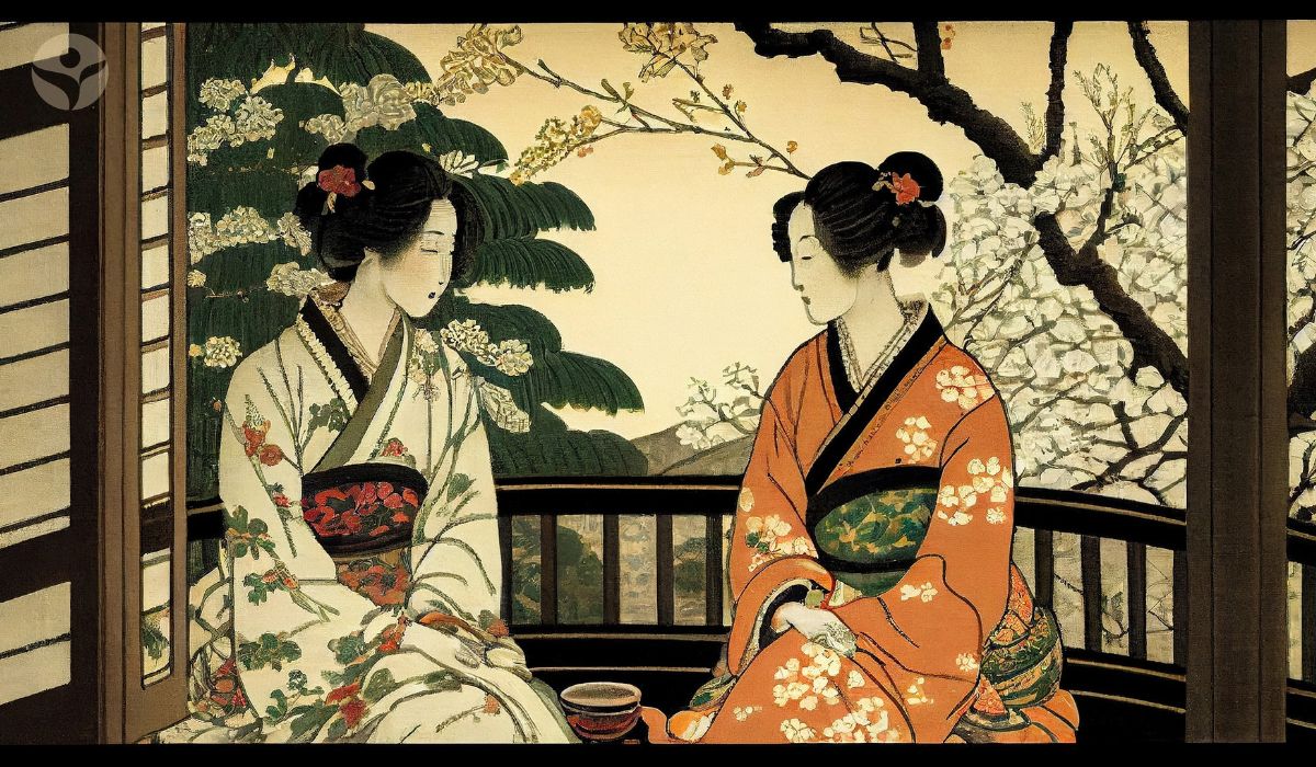 Artwork of two historical tea ceremony practictioners in kimono enjoying matcha tea