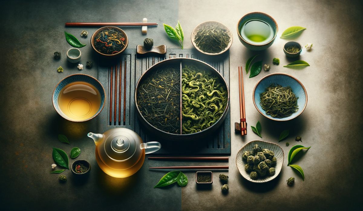 El té verde chino y el té verde japonés se muestran uno al lado del otro, destacando sus características únicas en una comparación cultural
