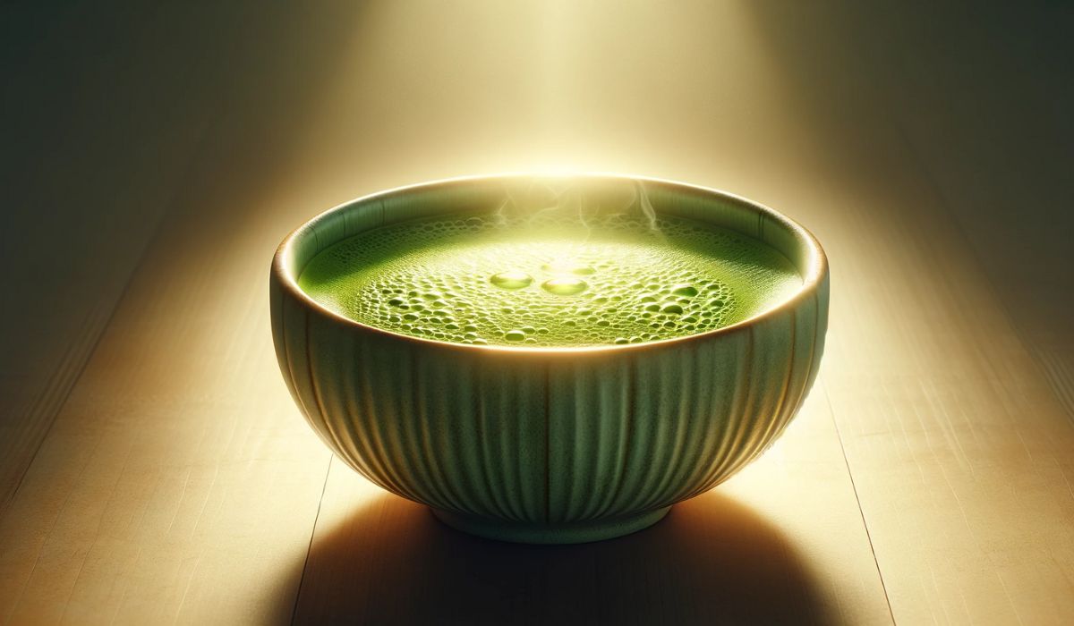 A bowl of matcha tea emanating light to symbolize its health benefits