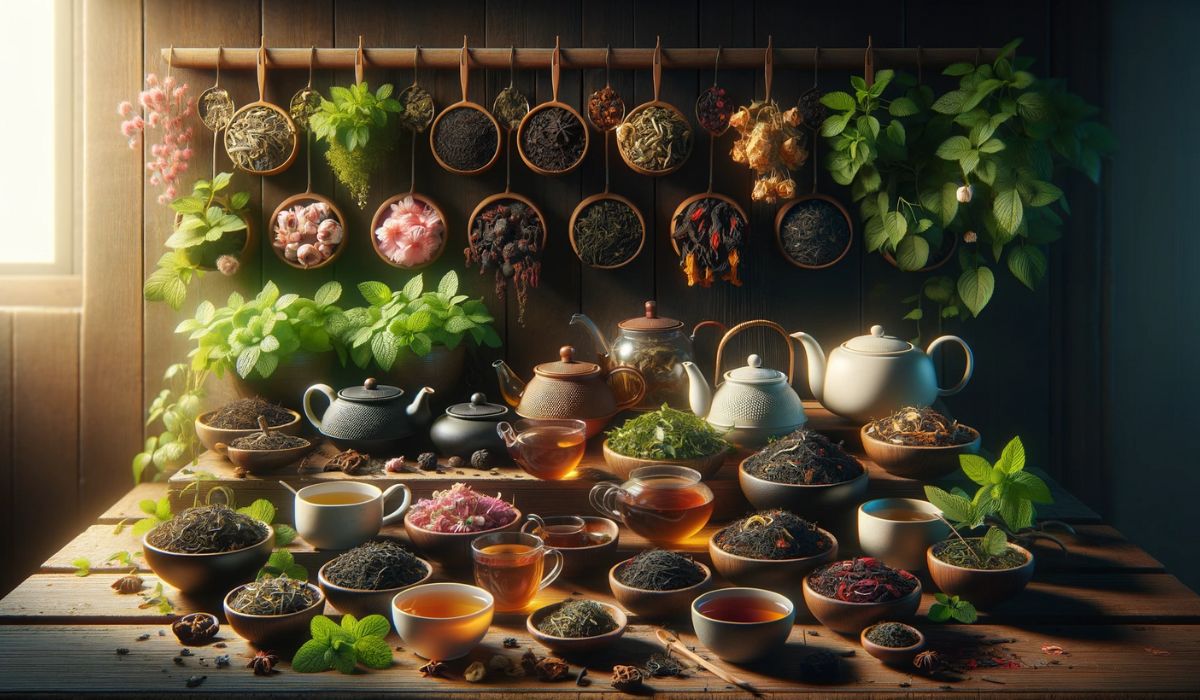 Assortiment de thés comprenant de la menthe poivrée, de l'hibiscus, du moringa, du thé noir, du thé oolong et du thé blanc dans un cadre chaleureux