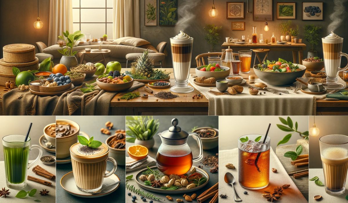 Una variedad de arreglos de té que incluyen té con leche, cerveza fría y comidas acompañadas de té verde en un ambiente acogedor.