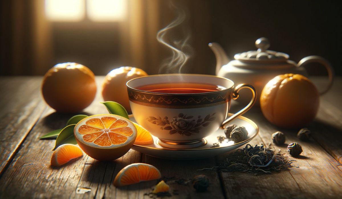 Elegante taza de té Earl Grey con naranjas de bergamota sobre una mesa antigua