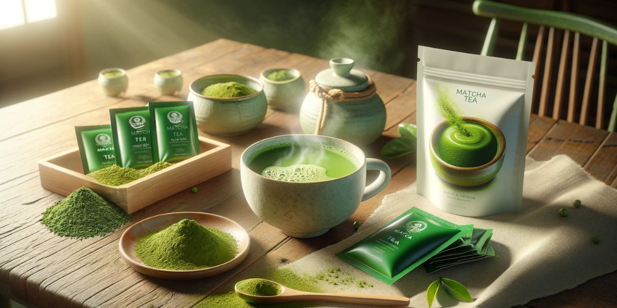 Matcha tea cup and tea bags, symbolizing the versatility of the matcha lifestyle