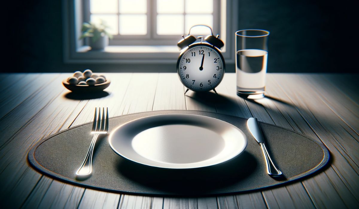 Empty plate with a fork and knife, and a clock in the background, symbolizing fasting hunger pangs