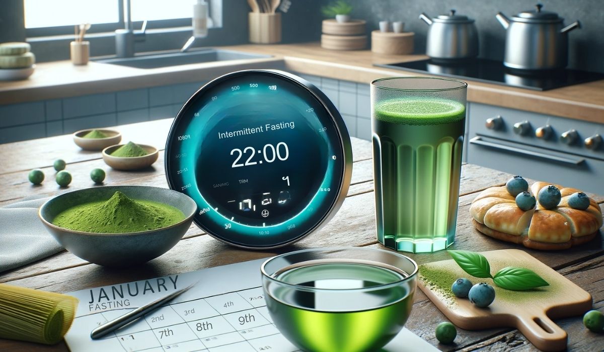 Cocina moderna con cronómetro de ayuno, una taza de té matcha y un calendario de ayuno