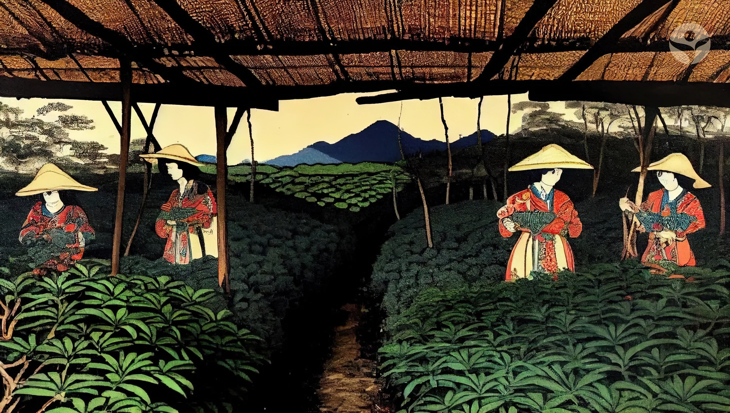 Ancient tea pickers under a shaded roof