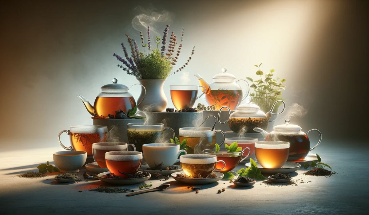 Ten focus-enhancing teas displayed in a serene setting with herbs and steam