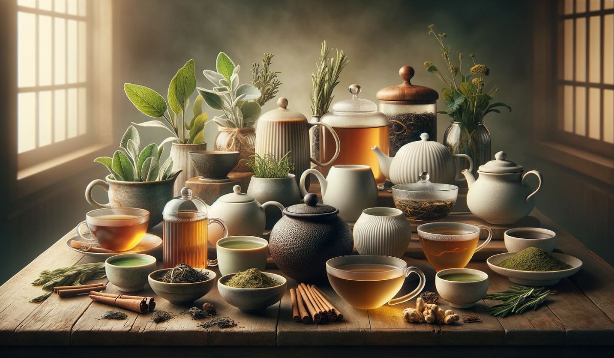 Assortment of ten teas including sage, oolong, Yerba Mate, ginseng, rosemary, Pu-erh, Earl Grey, white, green, and matcha, each in a unique cup or teapot