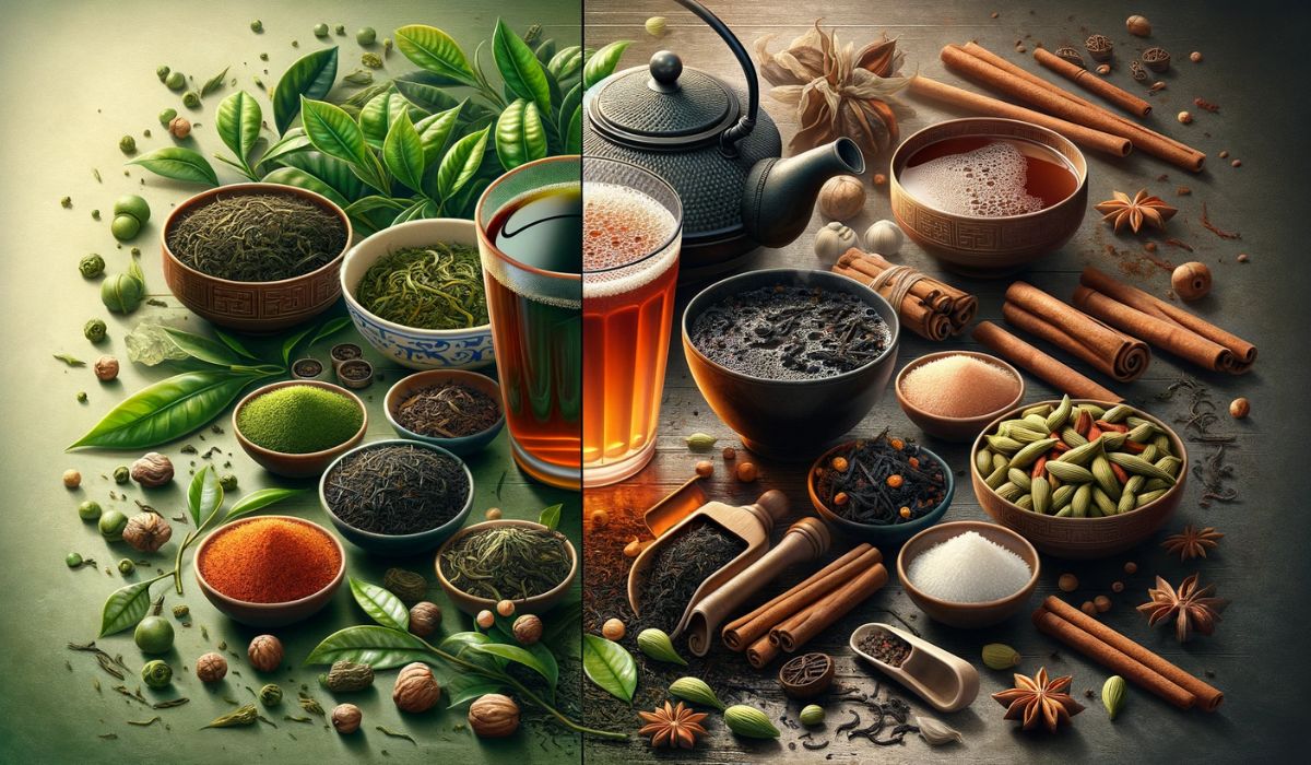 Thé vert dans un cadre médicinal chinois à gauche, thé chai indien aux épices à droite