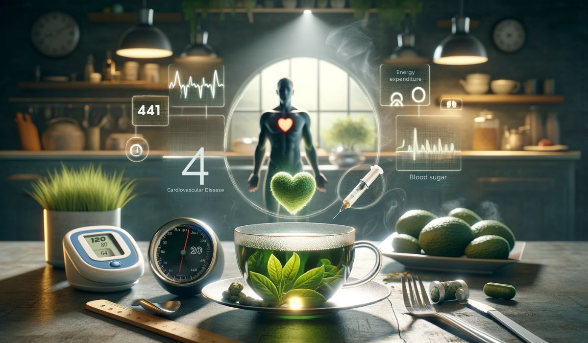 Thé vert avec des symboles pour la santé cardiaque, la tension artérielle et la glycémie