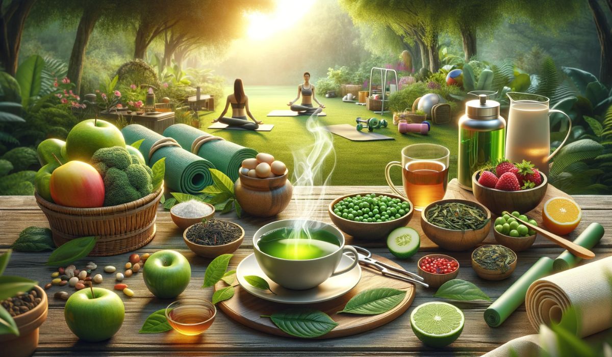 Escena serena con una taza de té verde, esteras de yoga y alimentos saludables, que simbolizan el bienestar y la longevidad.
