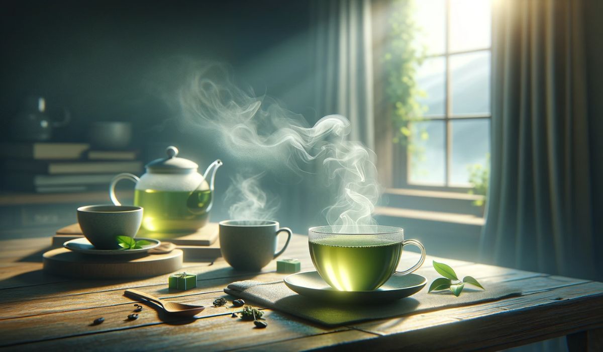 Ambiente matutino con una humeante taza de té verde y una taza de café al fondo, que simboliza el cambio al té verde.