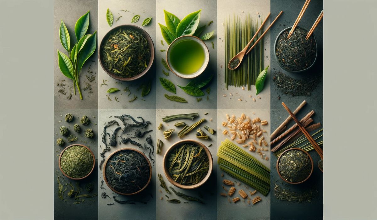 Assortment of green teas: Sencha, Gyokuro, Bancha, roasted Hojicha, rice-blended Genmaicha, and twiggy Kukicha