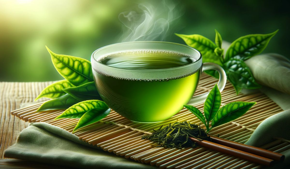 Vibrant cup of green tea with fresh leaves on a bamboo mat