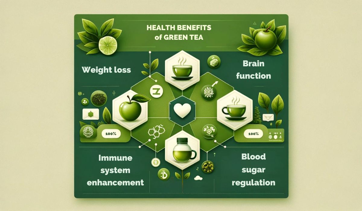 Infographie mettant en évidence les bienfaits du thé vert pour la santé, avec des icônes représentant la perte de poids, le système immunitaire, les fonctions cérébrales et la régulation de la glycémie.