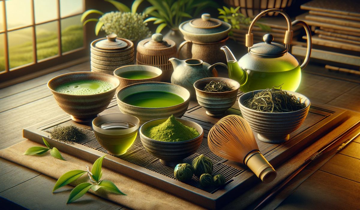 Une sélection de thés verts japonais, dont Matcha, Sencha, Gyokuro et Hojicha, chacun présenté de manière unique dans un décor de thé japonais traditionnel