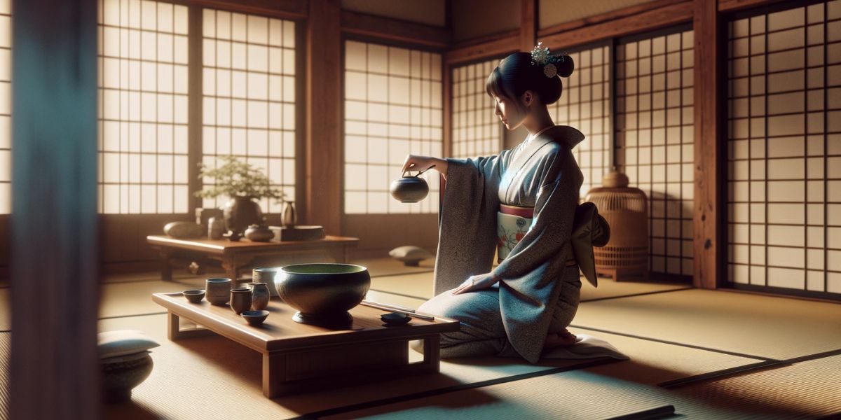 Traditional Japanese tea ceremony with a person whisking matcha in a serene setting