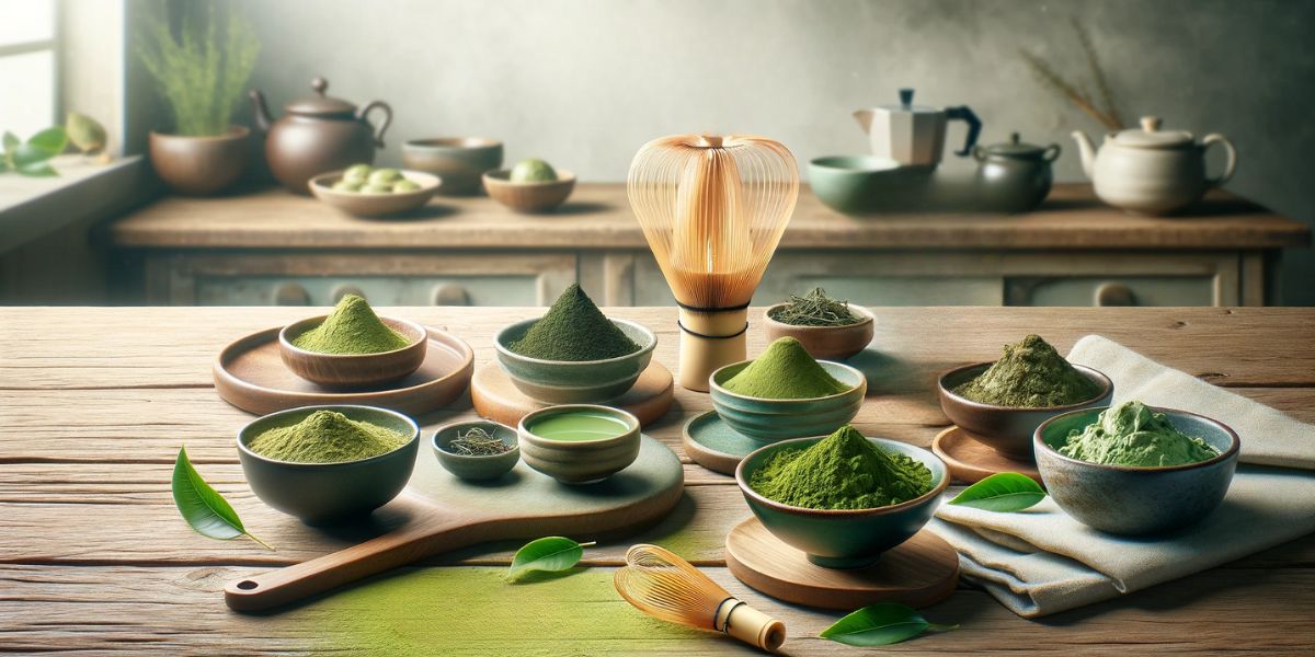 A variety of matcha tea powders in bowls, with a bamboo whisk, on a rustic wooden table.