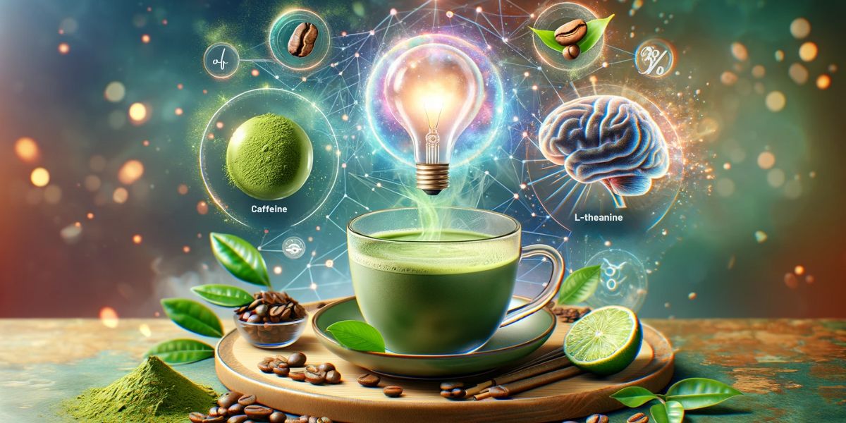 Matcha tea with symbols for caffeine and l-theanine, indicating enhanced focus and energy
