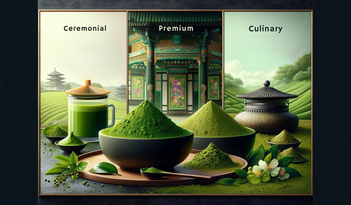 Different Matcha grades: Ceremonial's vibrant green, Premium's varied hue, Culinary's muted tone