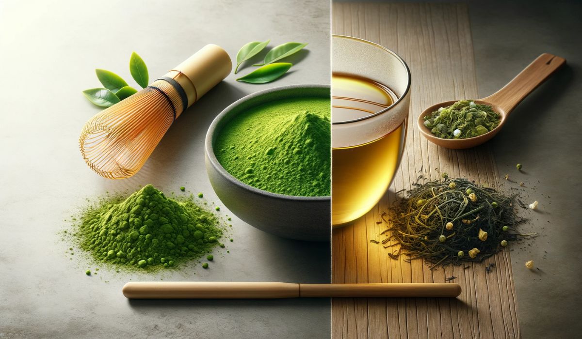 Side-by-side comparison of Matcha powder with bamboo whisk and steeping green tea with leaves