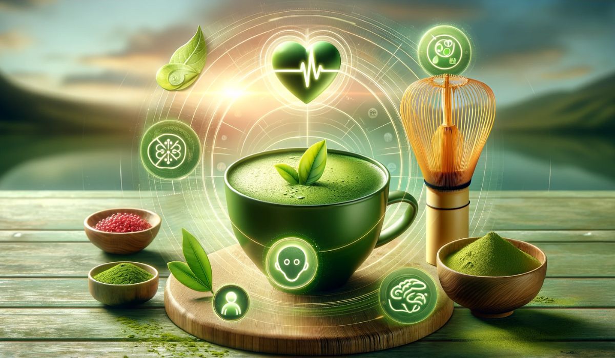 Une tasse de thé Matcha d'un vert éclatant, entourée de symboles de santé cardiaque, de bien-être mental et d'antioxydants