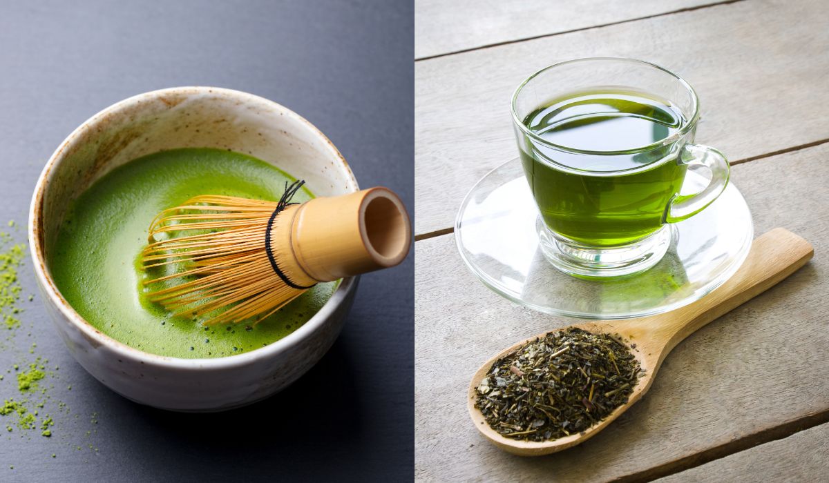 Matcha whisking in bowl on left, simple green tea brewing on right