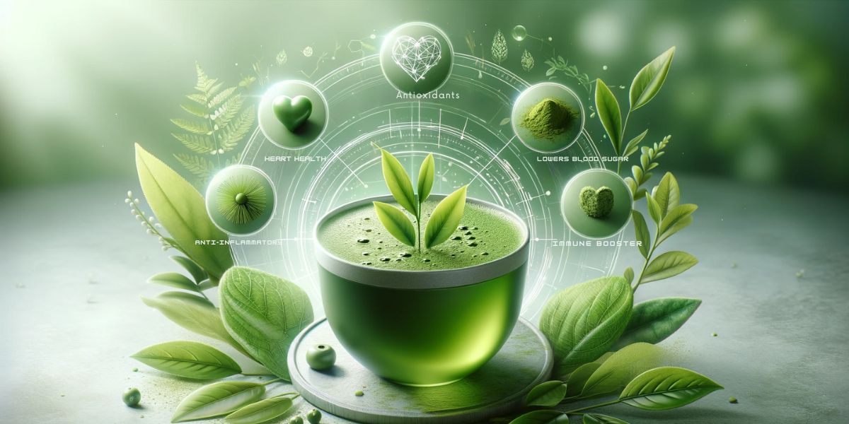 Matcha tea with symbols of health benefits, antioxidants, and heart health