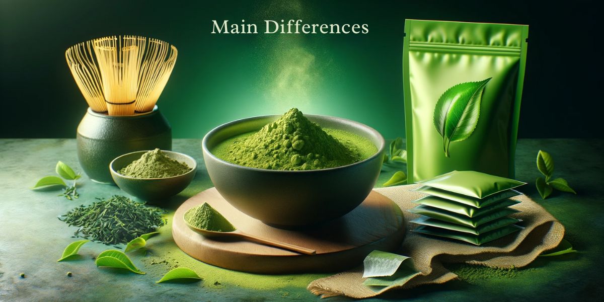 Contraste entre la poudre de matcha et les sachets de thé, mettant en valeur la qualité et les bienfaits pour la santé