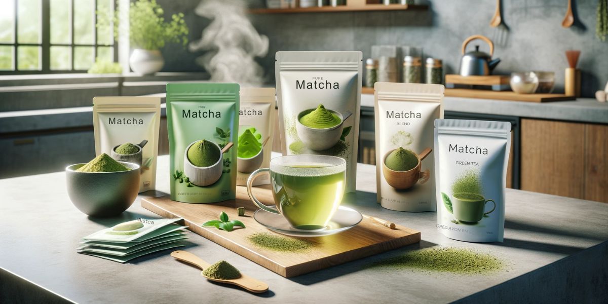 Variedad de bolsitas de té matcha y una taza de té verde, mostrando comodidad