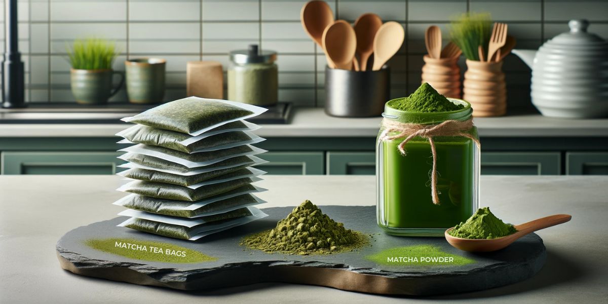 Matcha tea bags and powder in a modern kitchen, highlighting their differences