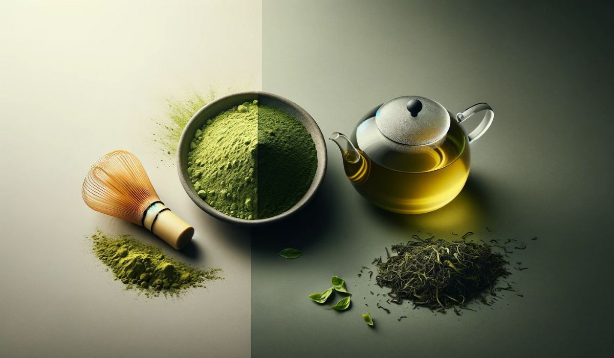 Comparación lado a lado del polvo de Matcha con batidor de bambú y remojo de té verde con hojas