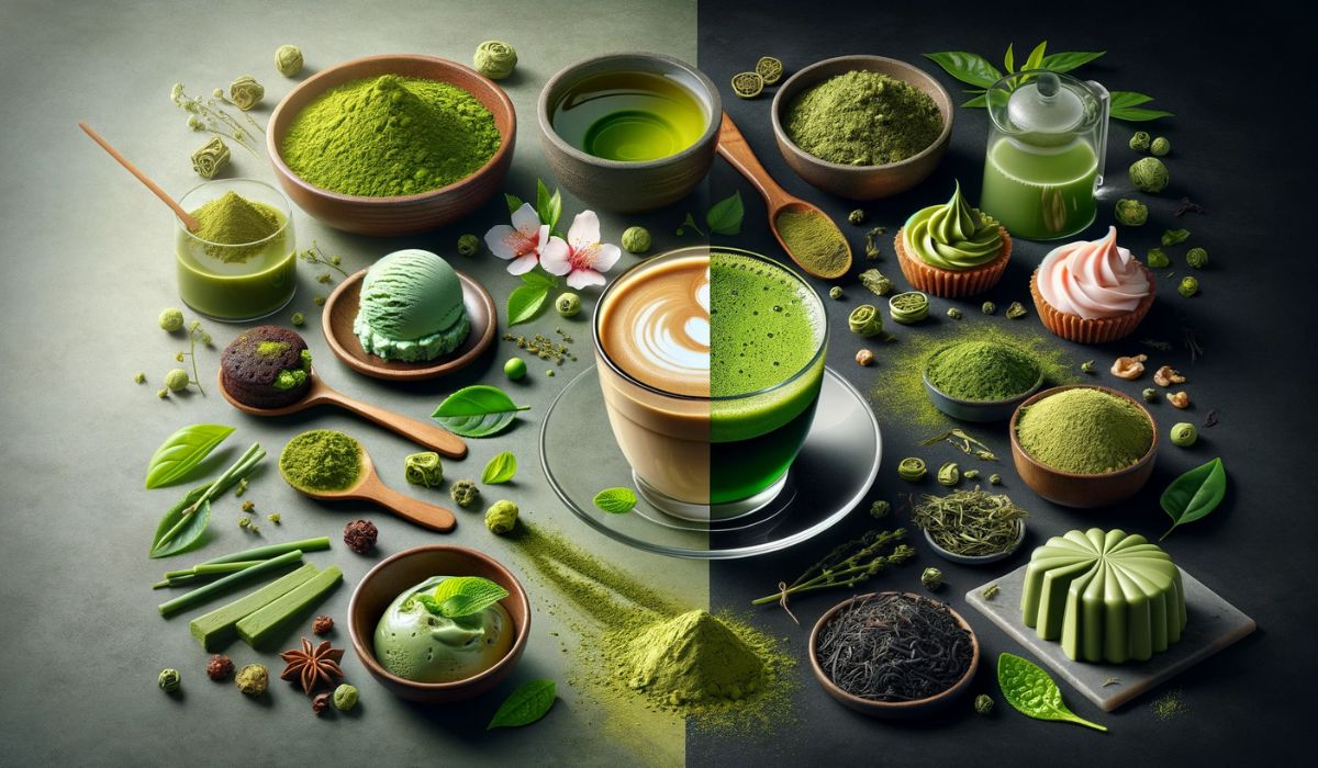 Contraste del fuerte sabor del Matcha en cafés con leche y horneado con el sutil sabor del té verde en una taza