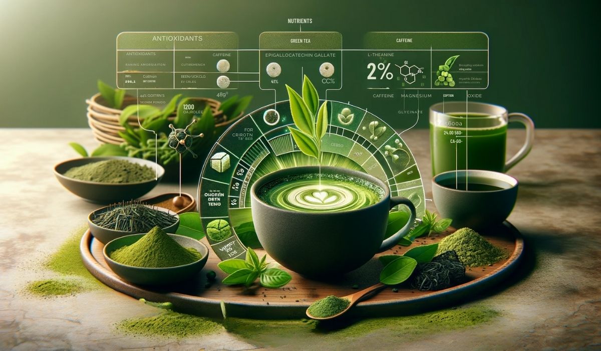 Visual comparison of Matcha and green tea's antioxidants, caffeine, and nutrients