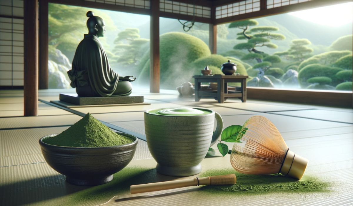 Una tranquila escena de ceremonia del té japonesa con Matcha de grado ceremonial, un batidor de bambú y un sereno elemento de yoga.