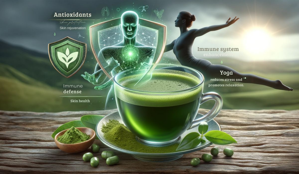 A cup of vibrant green Matcha tea and a figure in a yoga pose, symbolizing the antioxidant and immune system benefits of Matcha and Yoga