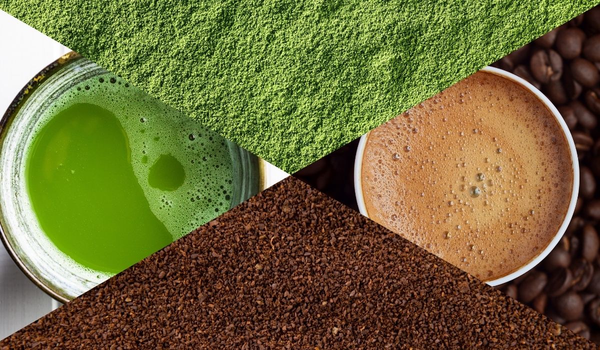 An image of a bowl of matcha and a cup of coffee against a background of matcha and coffee powder