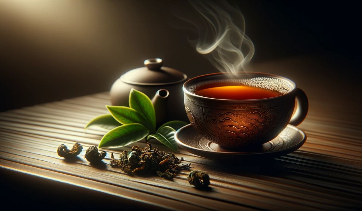 Tasse élégante de thé Oolong avec des feuilles mobiles sur une table en bois